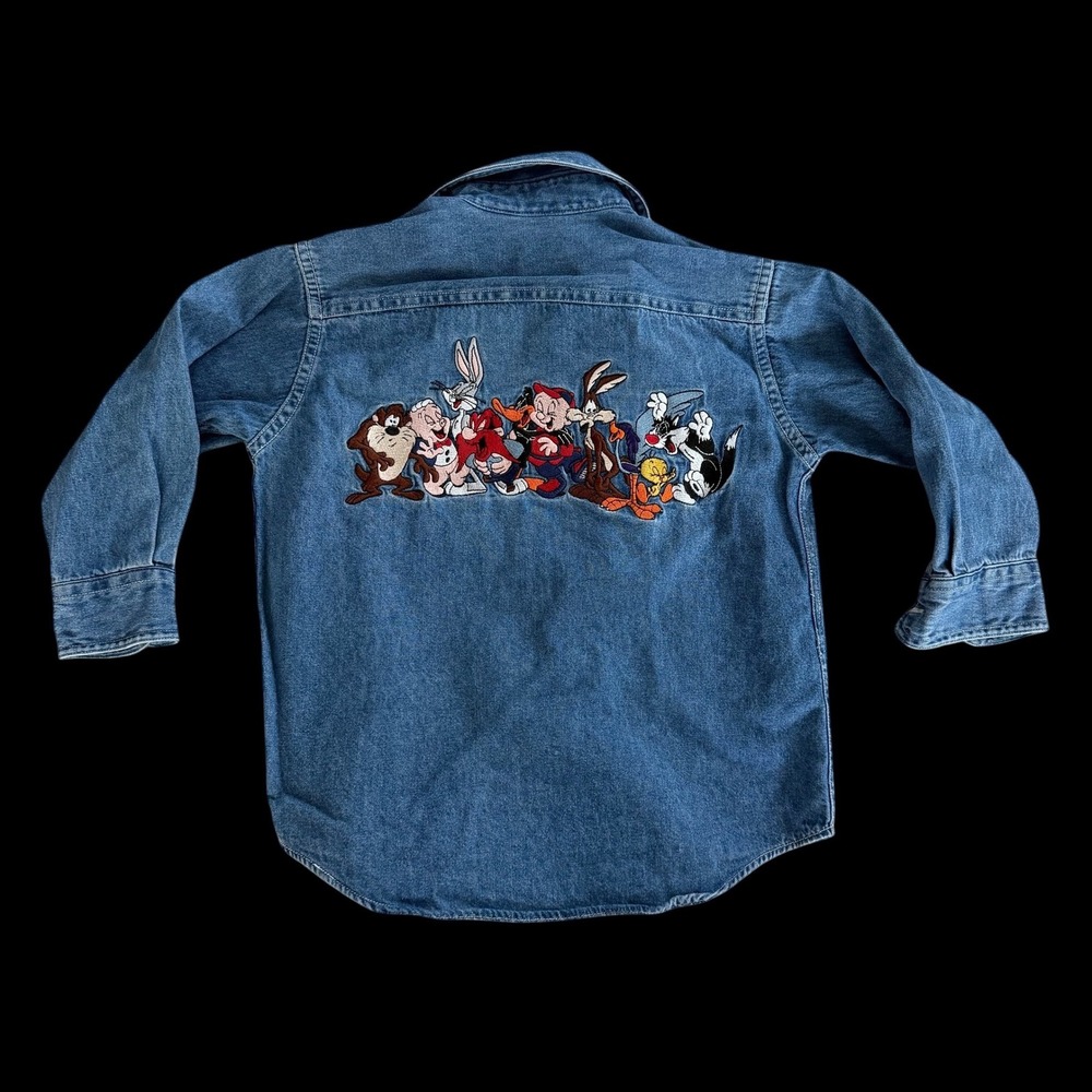 Vintage Acme Kids Looney Tunes Denim Shirt Embroidered Bugs Bunny Taz XS Blue